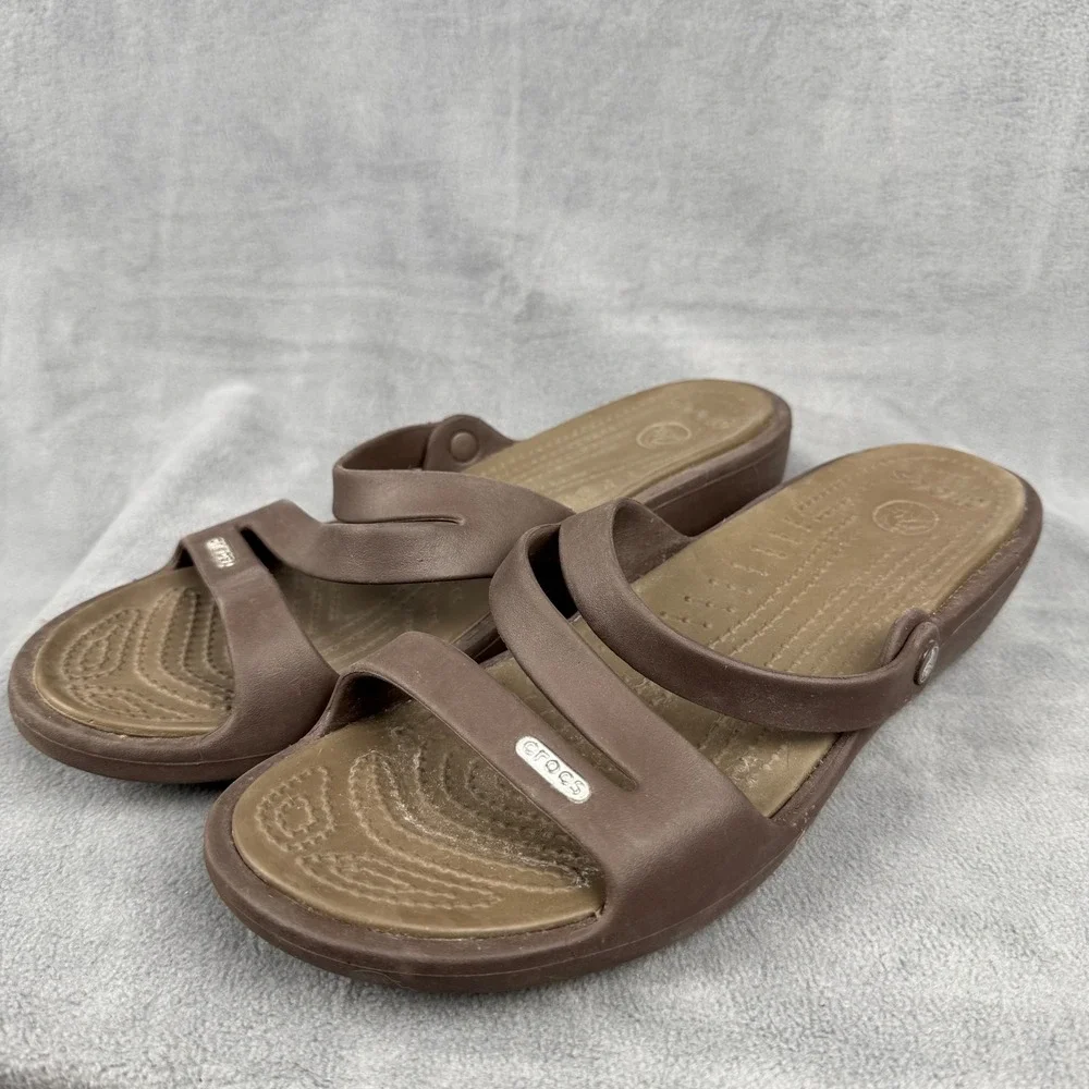 Crocs Women's W11 Brown Two Strap Slide Sandals Comfort Casual‎